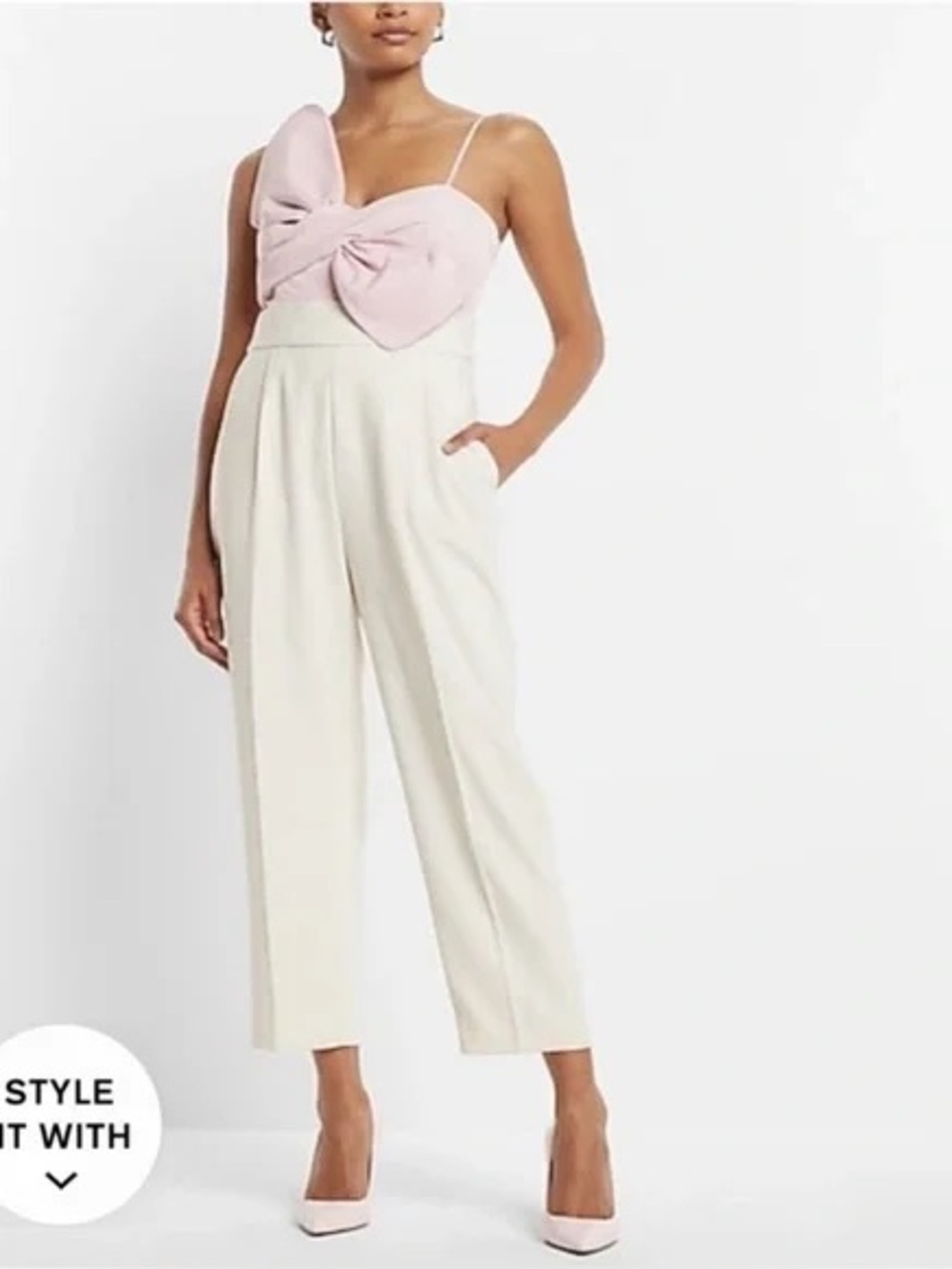 Express Pink Bow-Front Jumpsuit with Cream Cropped Pants